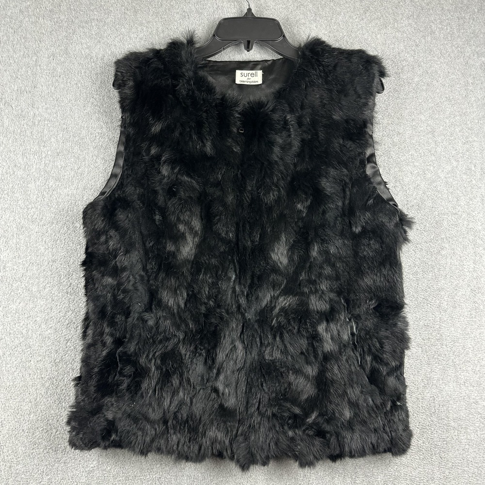 Surell For Bloomingdales Vest Womens Medium Black Fur Full Zip Pockets Lined